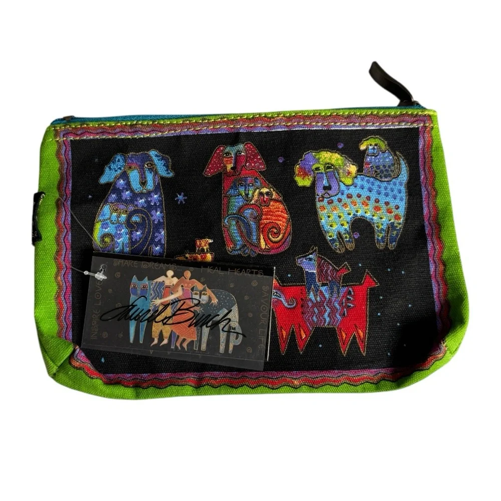 Laurel Burch Dogs and Doggies Canvas Cosmetic Art Bag Pouch Black New NWT